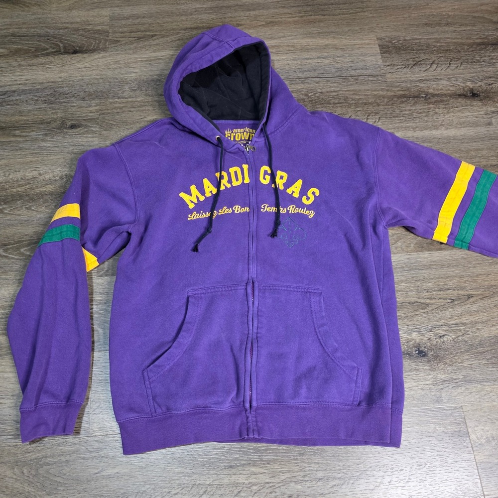 American Crown Mens L Hoodie Purple Mardi Gras Zip‎ Up Varsity Stripe Graphic